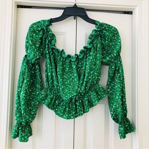 Floral Print Ruffled Over The Shoulder Green Crop Top Long Sleeve Medium